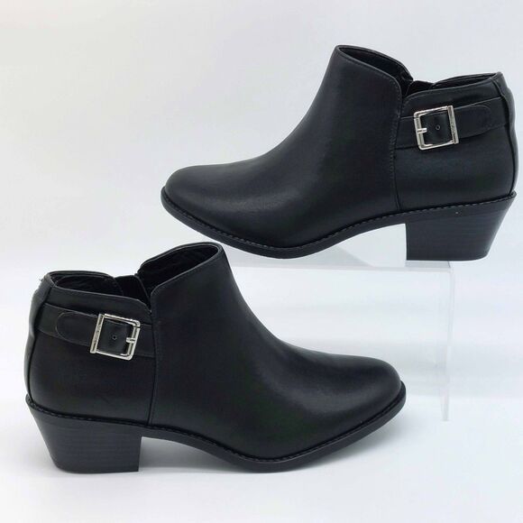 Vionic Millie Black Leather Ankle Booties Women’s 7.5 Side Zip Buckle Low Block - Picture 2 of 11